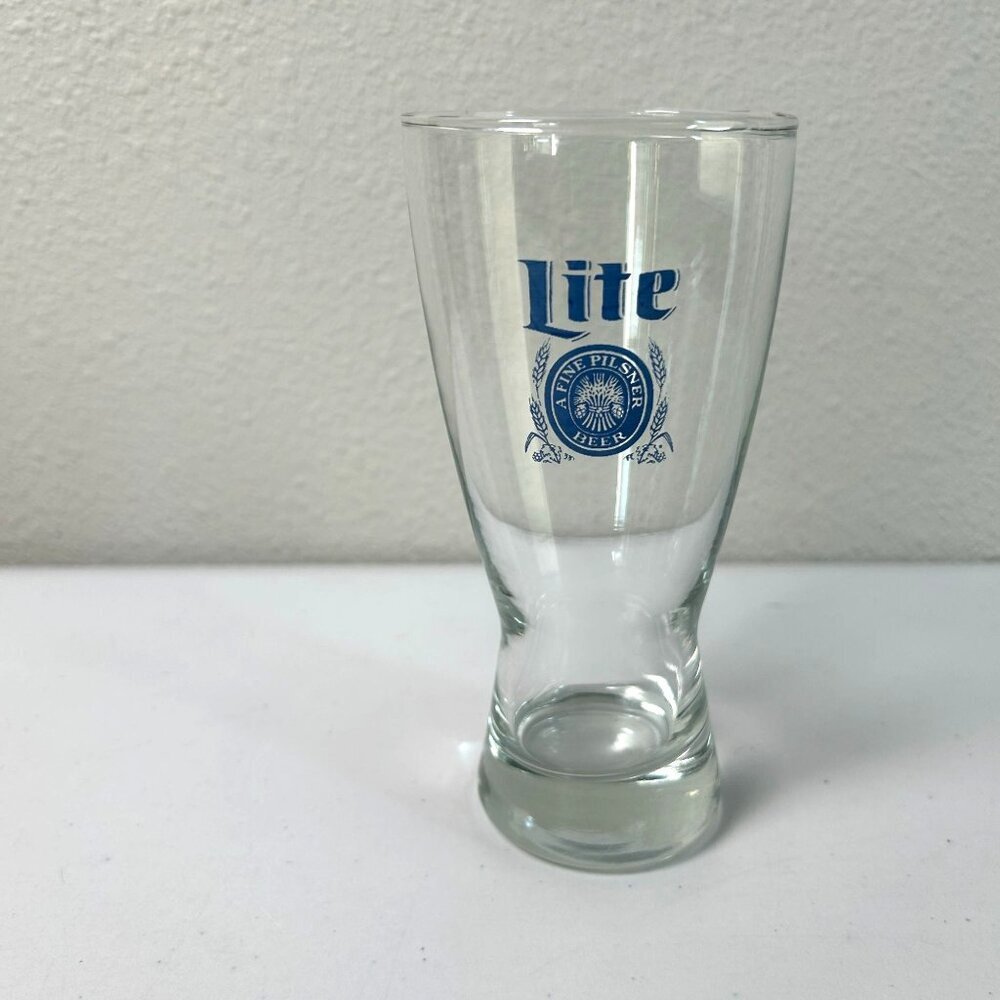 Miller Lite Beer Sham Glass‎ Vintage Blue Logo Pilsner Barware Tavern